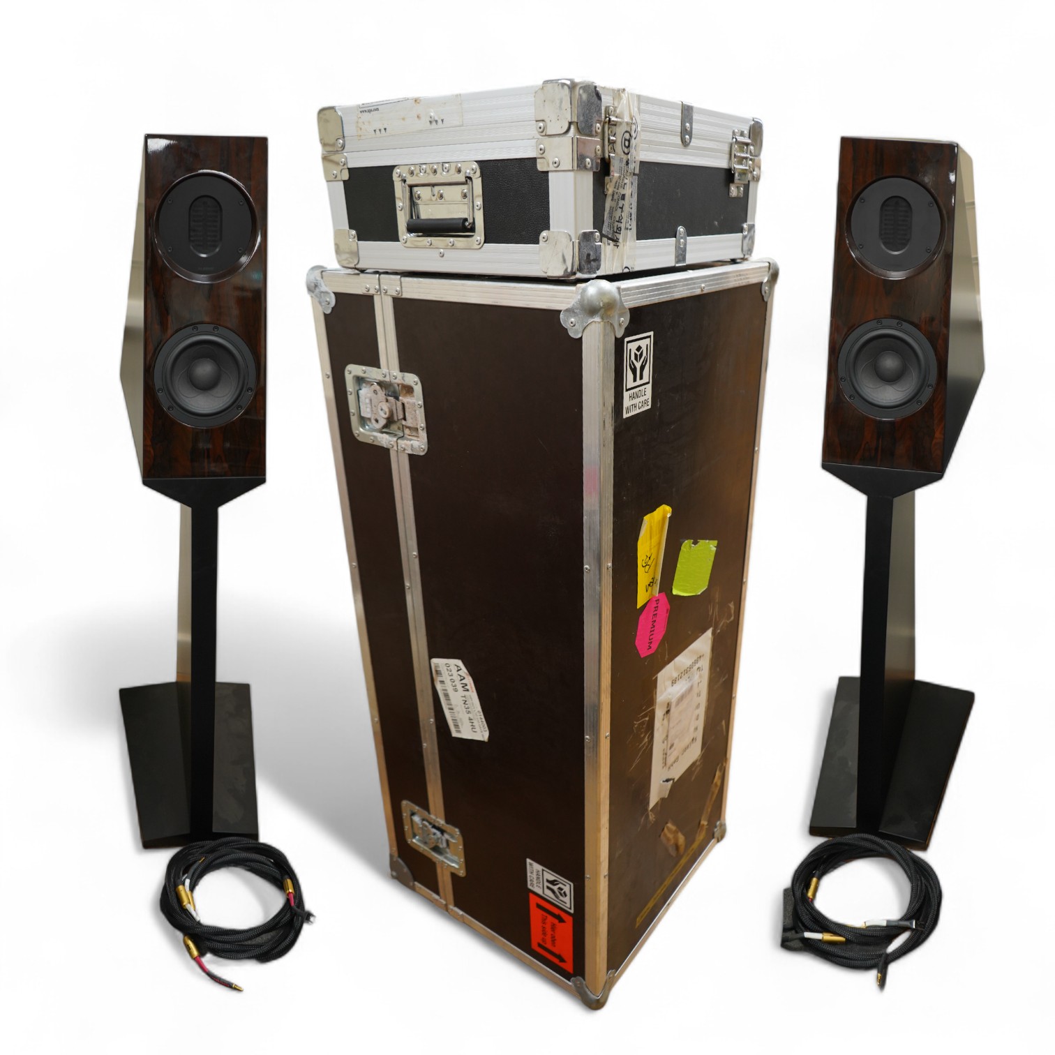 A pair of Kaiser Acoustics Kawero Chiara loudspeakers, made in Germany, high density plywood cabinets and integrated stands, with the fronts in the rosewood finish, 116cm high, the base; 30cm x 47cm, together with two fl